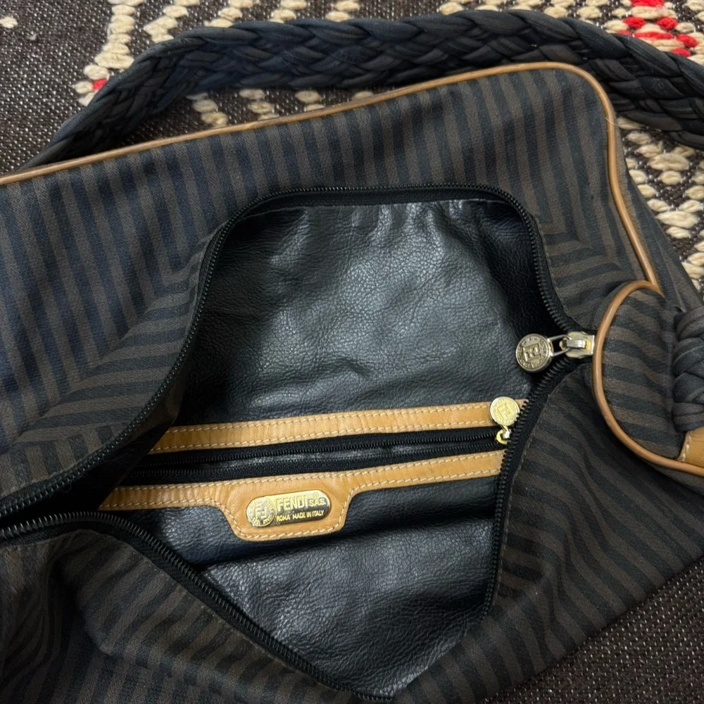 Fendi Zucca Stripe Canvas Shoulder Crossbody Logo Bag Brown Black Vintage